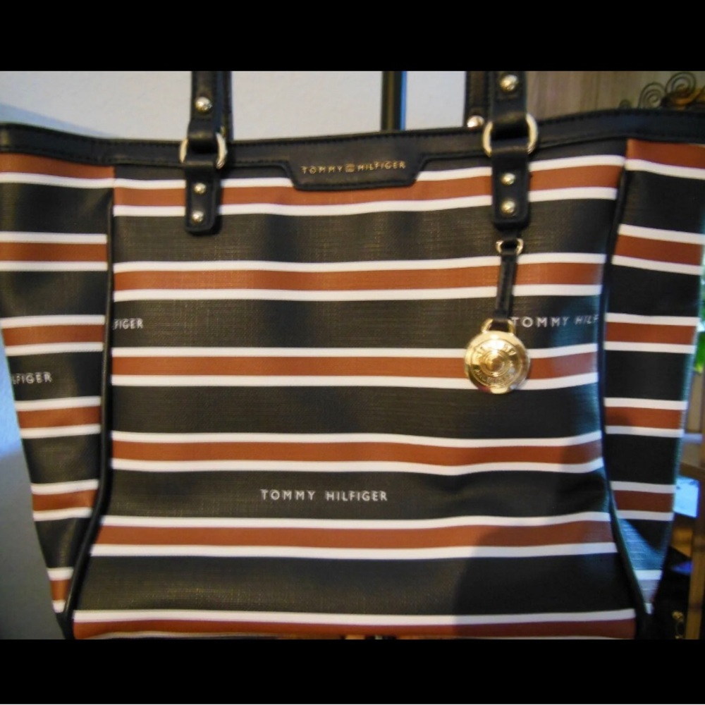 NWT TOMMY HILFIGER Saddle Blue White Striped Shopper Tote